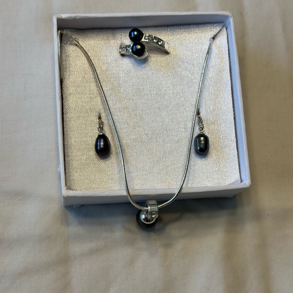 Sterling silver costume jewelry set. Silver and dark gray.